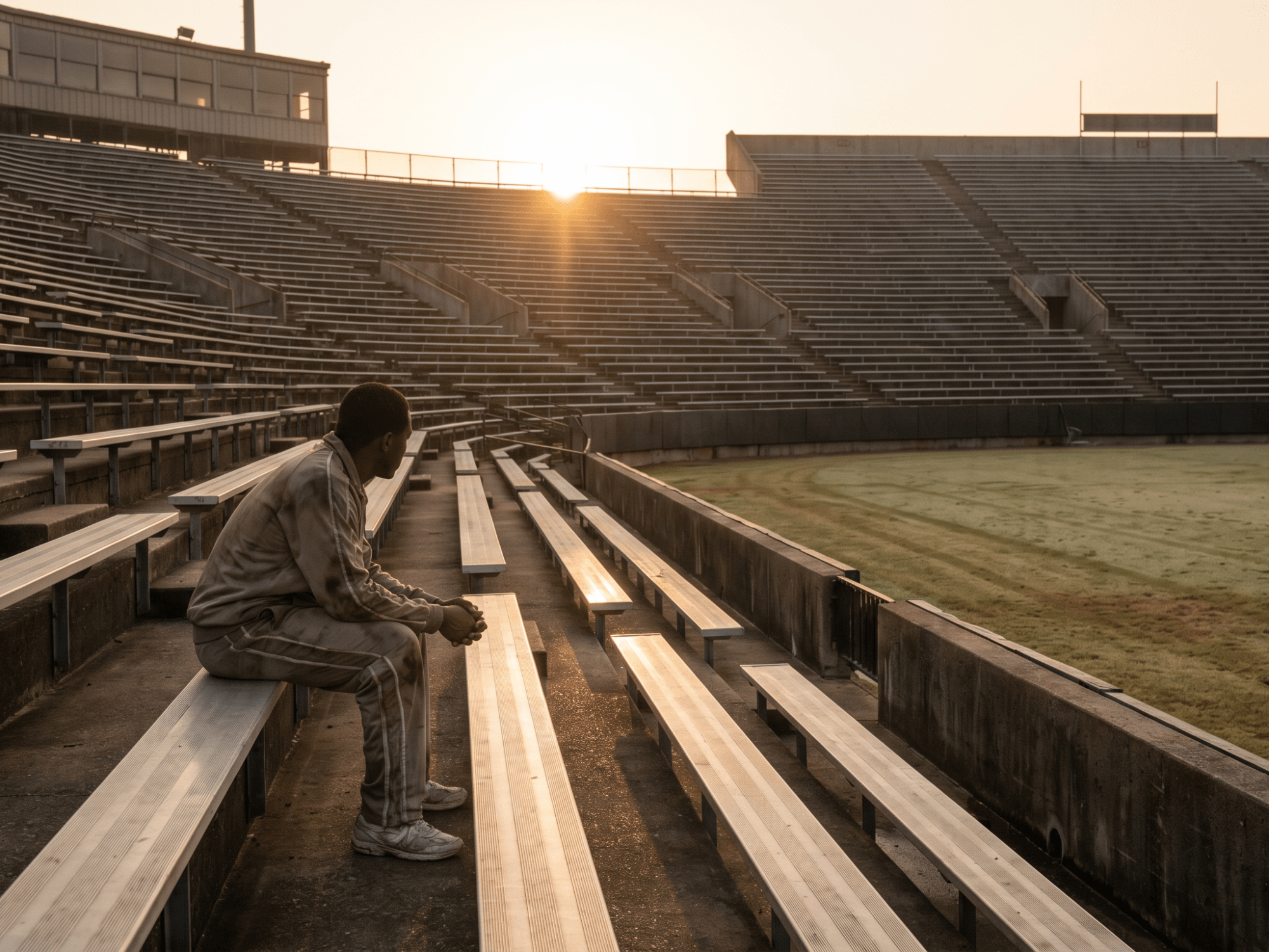 Lone college athlete standing outdoors at dusk in a reflective, cinematic setting with calm natural lighting.