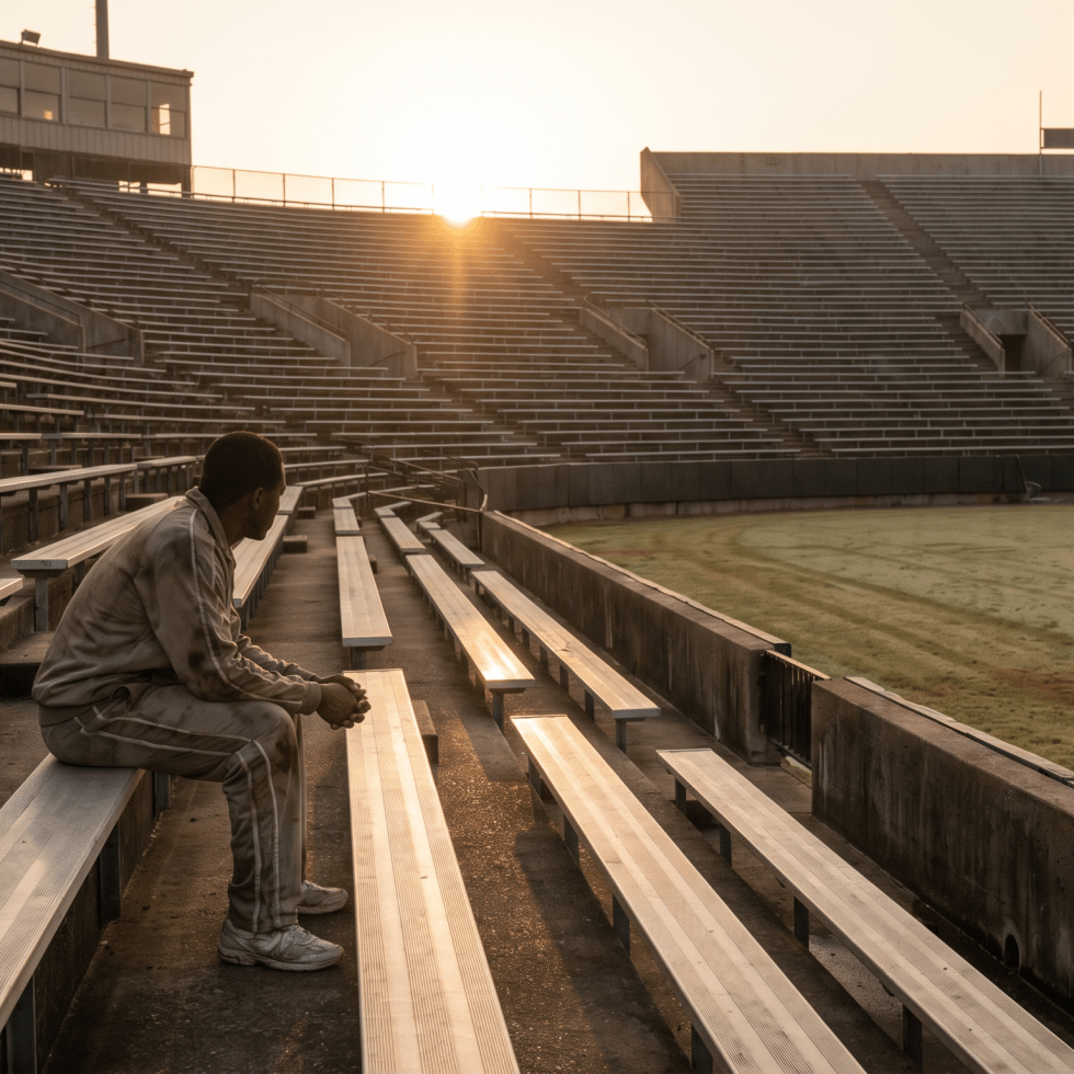 Lone college athlete standing outdoors at dusk in a reflective, cinematic setting with calm natural lighting.